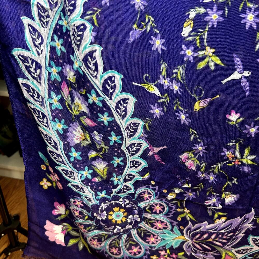 NWT Vera Bradley Purple Paisley Floral Scarf Fringe Rayon Bird Print Lightweight - Picture 14 of 17